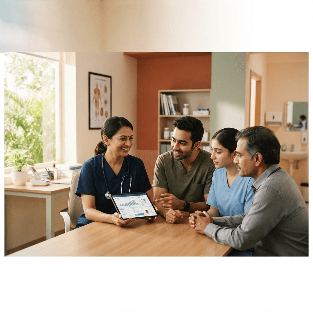 Care team reviewing patient intelligence on tablet