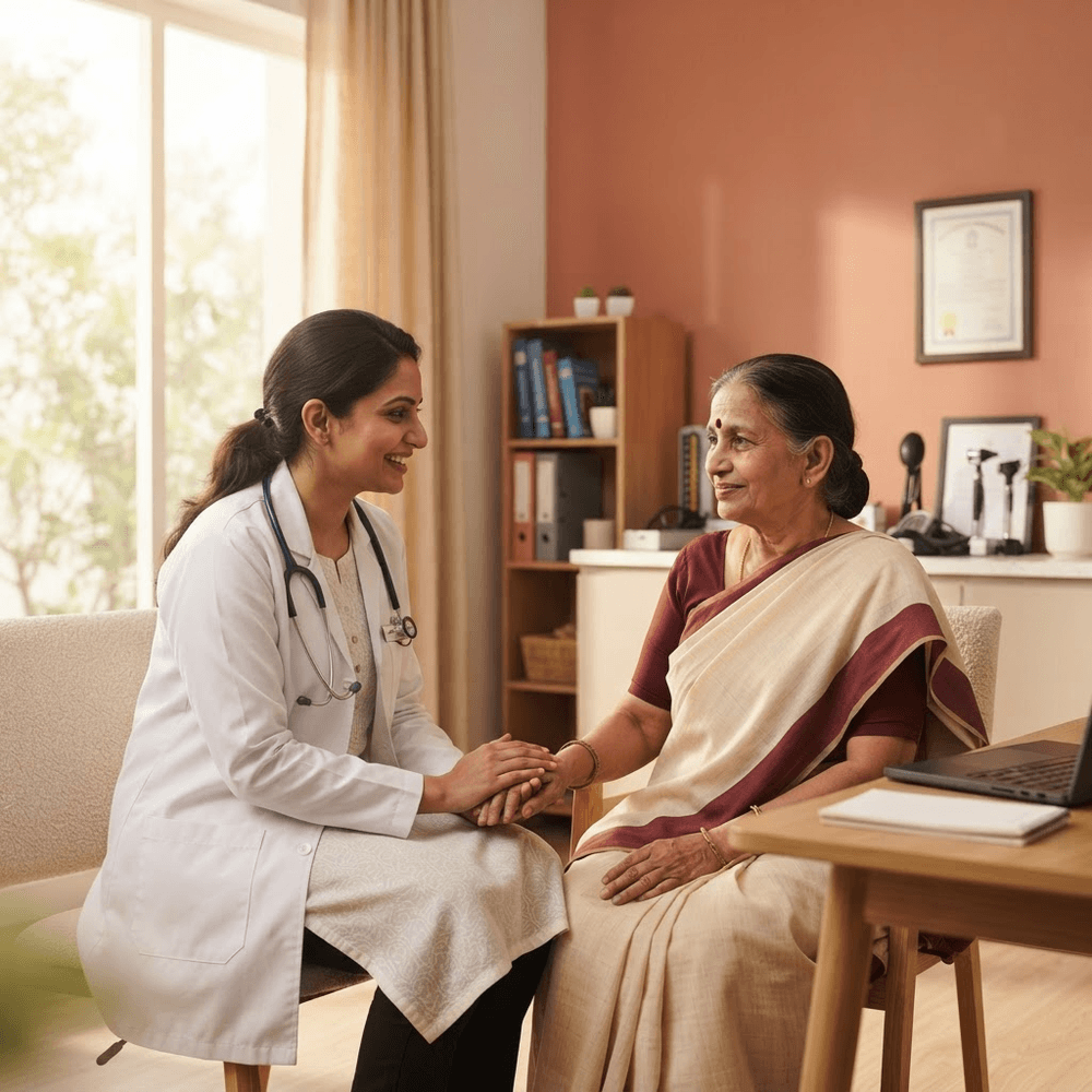 Indian doctor listening to a patient in an outpatient clinic